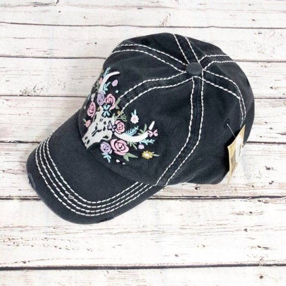 FLORAL STEER SKULL Embroidered, Vintage Style‎ Cap - Picture 2 of 8